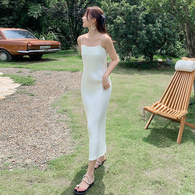 Spaghetti Strap Pleated Satin Dress Loose Casual Sexy Korean Party Dress Long Midi Dress Straight Slash Neck Dress