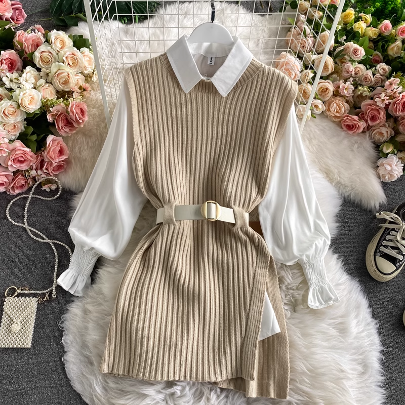Long Shirt Tie Knit Vest Two-Piece Set