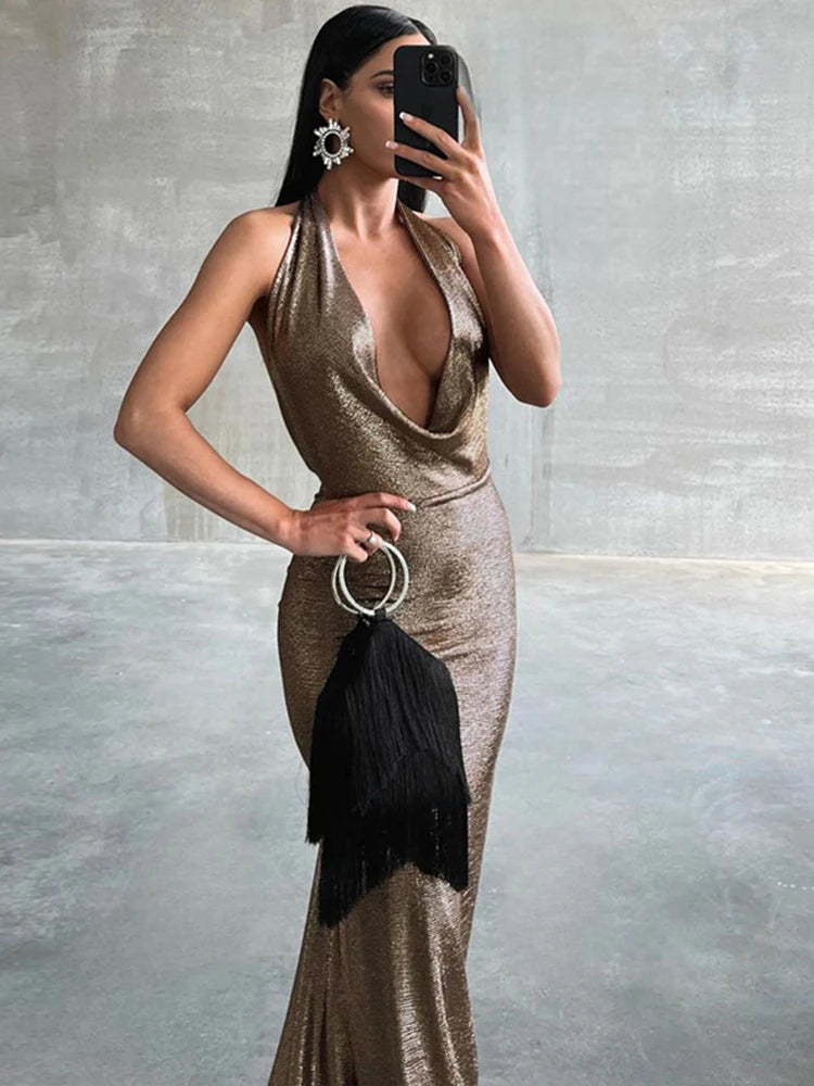 sexy backless pleated hanging neck dress