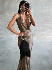 sexy backless pleated hanging neck dress