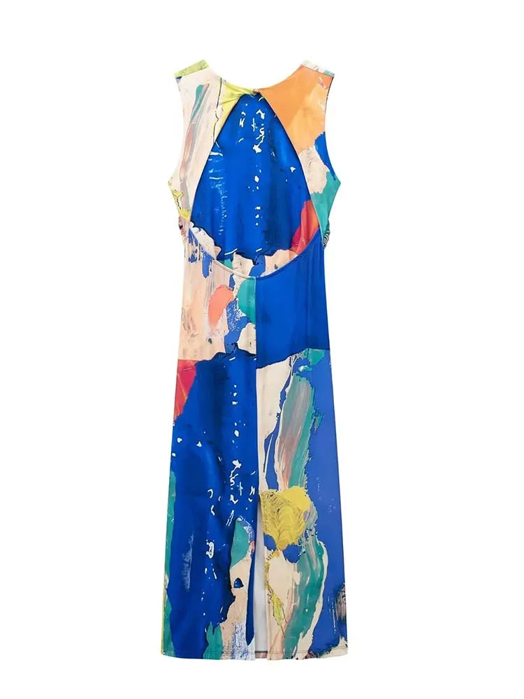 Print Tulle Long Dresses Ruched Midi Dress Woman Sexy Backless Party Dresses Sleeveless Dress Women