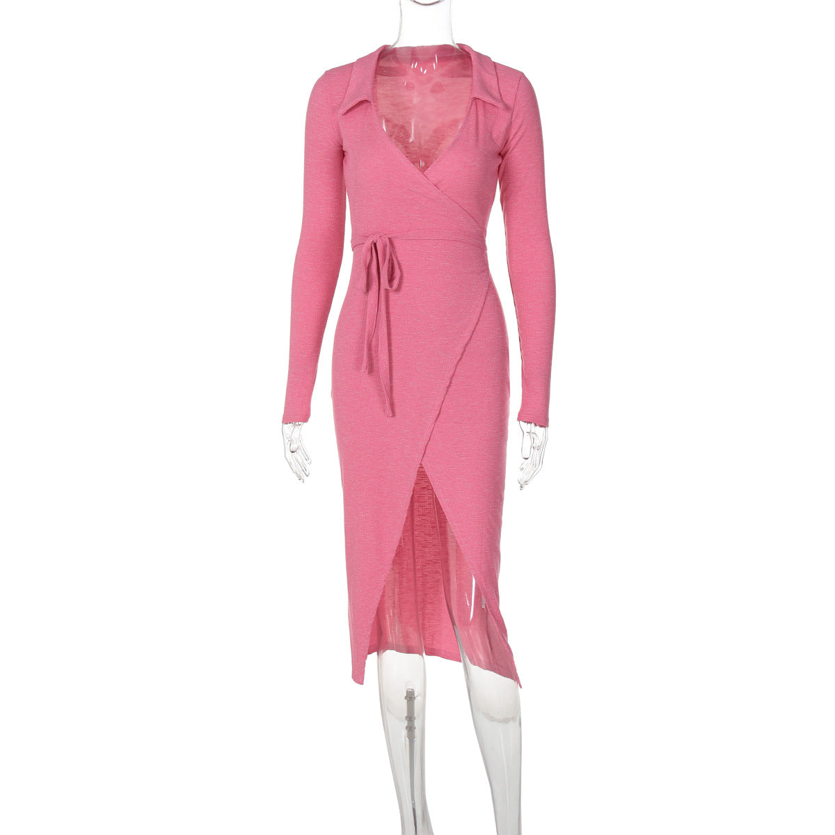 Long Sleeve Dress Sexy Bag Hip Tie Rope Waist Split Long Dress