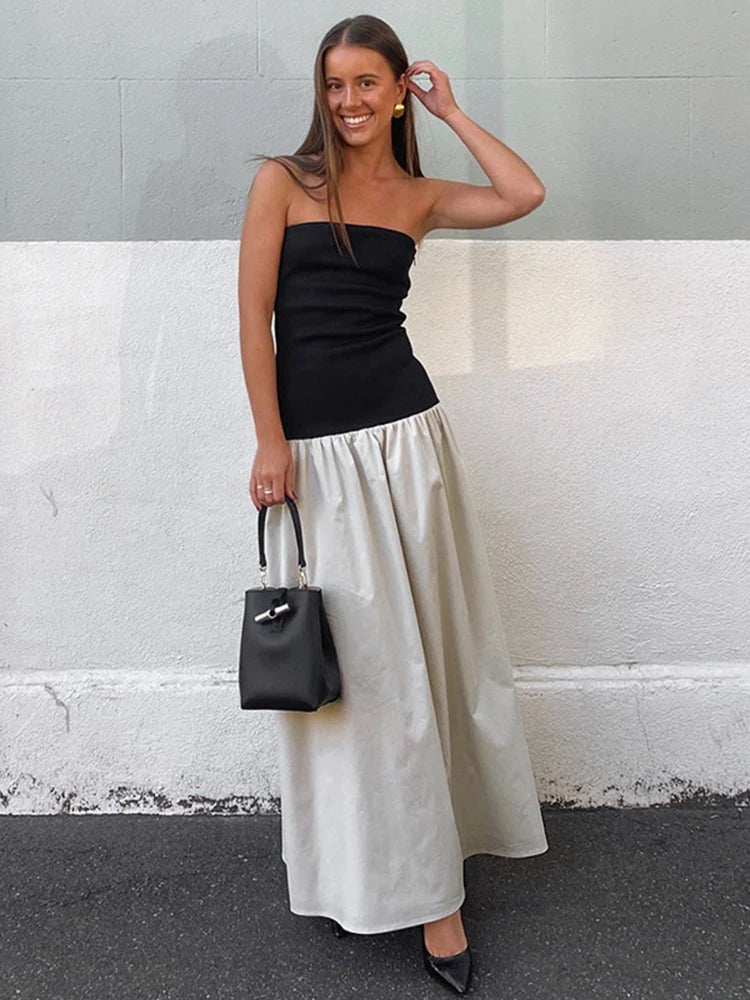 contrasting color strapless sleeveless dress