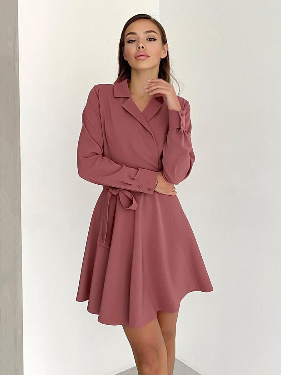 Spring Elegant Suit Collar Long Sleeve Lace up Dress Bowknot High Waist A-line Dress