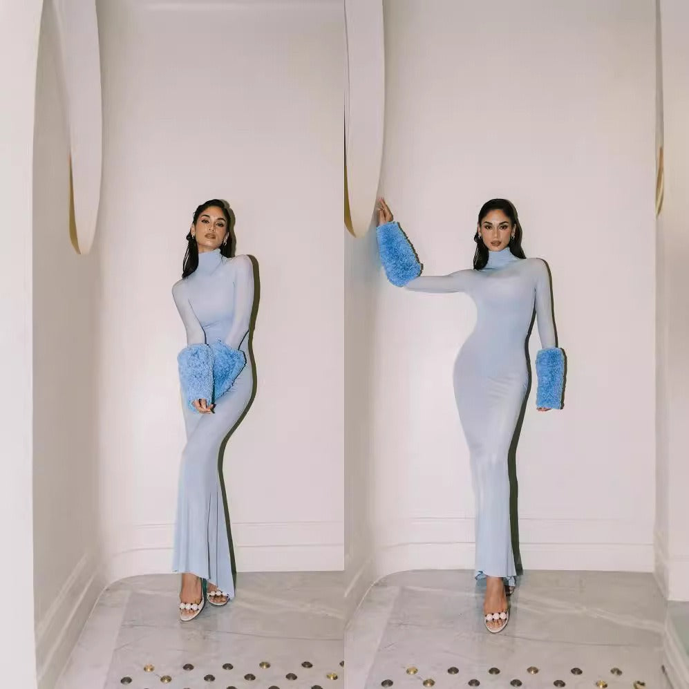 Blue high neck see through slim fit feather long sleeved dress, elegant and sexy party dress