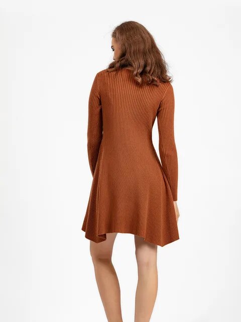 Long Sleeved High Waisted Short Knitted Dress Women Solid High Collar Sweater A-line Dresses Autumn Chic Female Street