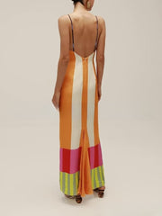 Striped dress with contrasting colors for slimming effect split top camisole skirt