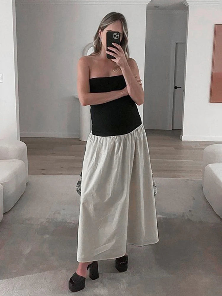 contrasting color strapless sleeveless dress