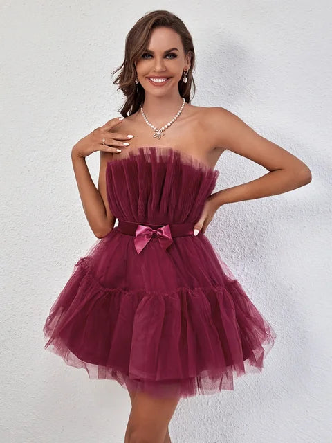 Mesh Solid Pink Ruched Halloween Dress Women Sashes Strapless Club Loose Dresses Backless High Waist Sexy Party Vestido