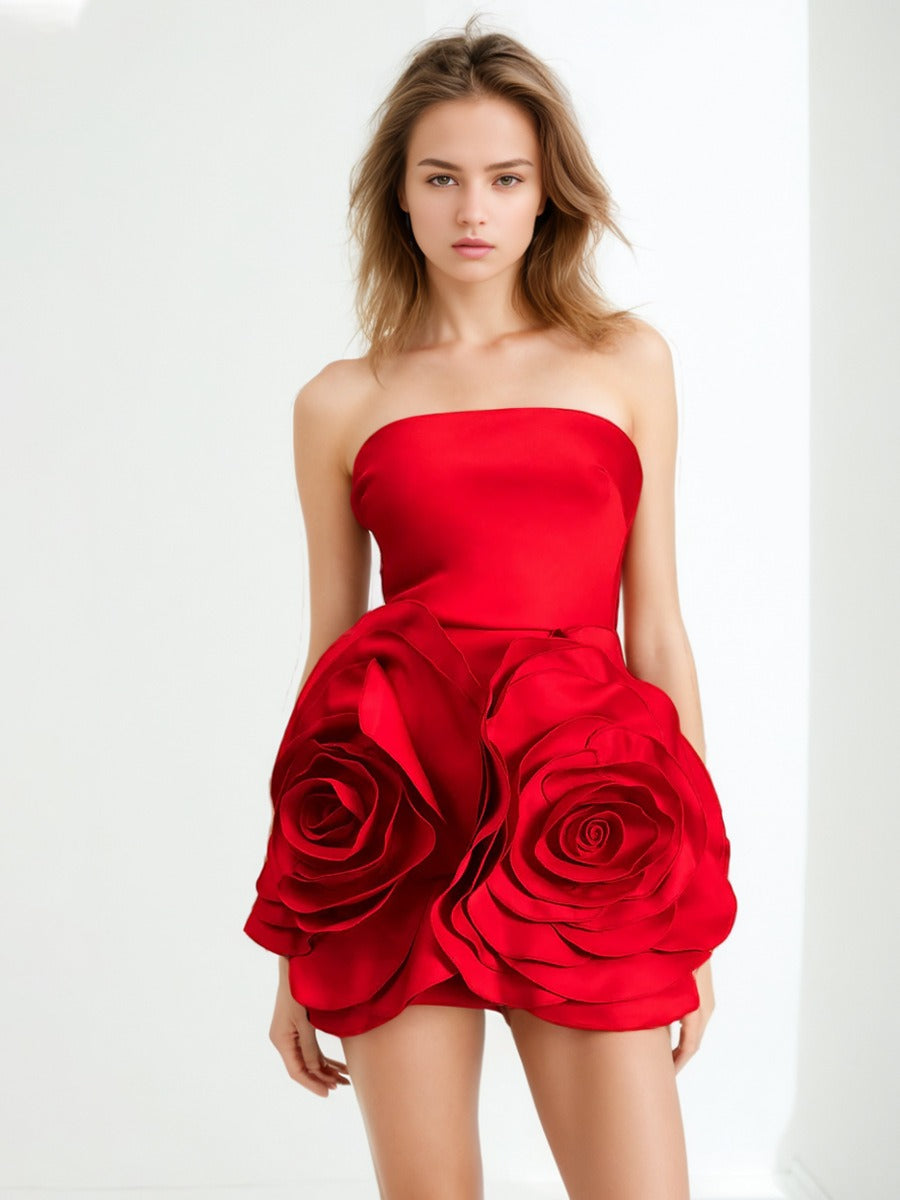 Lady style tube top A-line dress party dress three-dimensional rose large flower patchwork dress