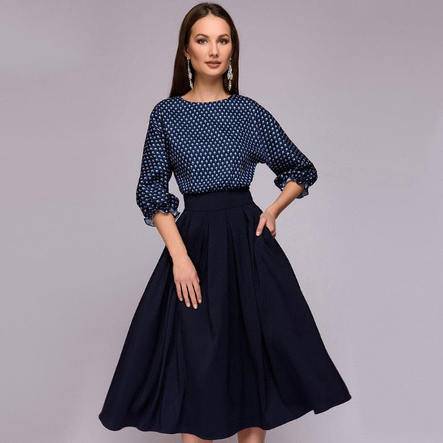 Autumn Vintage Lantern Sleeve Printing Dress Women's Elegant Casual O-Neck Half Sleeves A-Line Dress Mid-Calf Party Dresses