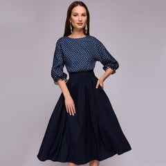 Autumn Vintage Lantern Sleeve Printing Dress Women's Elegant Casual O-Neck Half Sleeves A-Line Dress Mid-Calf Party Dresses