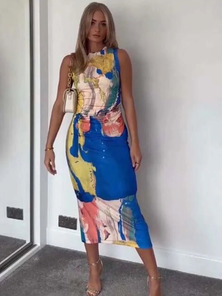 Print Tulle Long Dresses Ruched Midi Dress Woman Sexy Backless Party Dresses Sleeveless Dress Women