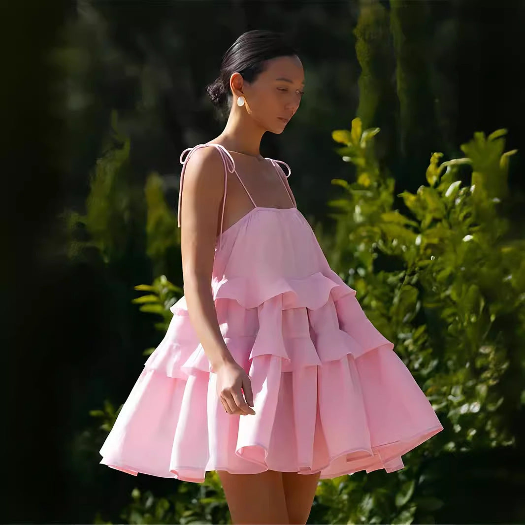 multi-layer ruffled cake skirt short backless camisole dress