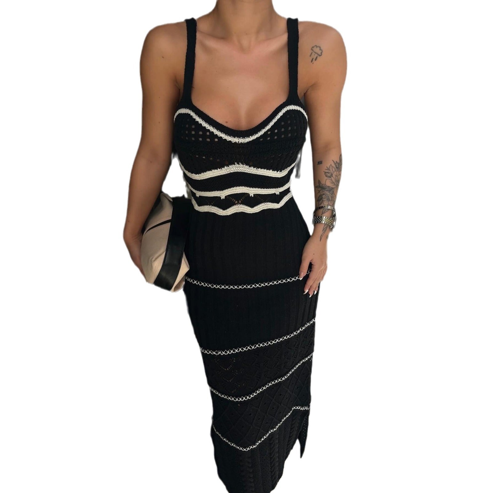 Knitted Color Contrasting French Bohemian Strap Dress with Hollow out Pure Desire Slimming and Hip hugging Long Skirt, High end Feeling
