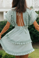 Women's lace patchwork lace up backless big swing batball sleeve dress