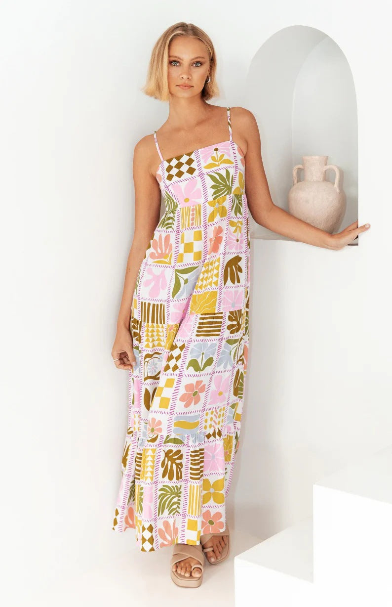 printed personalized back hollow suspender dress