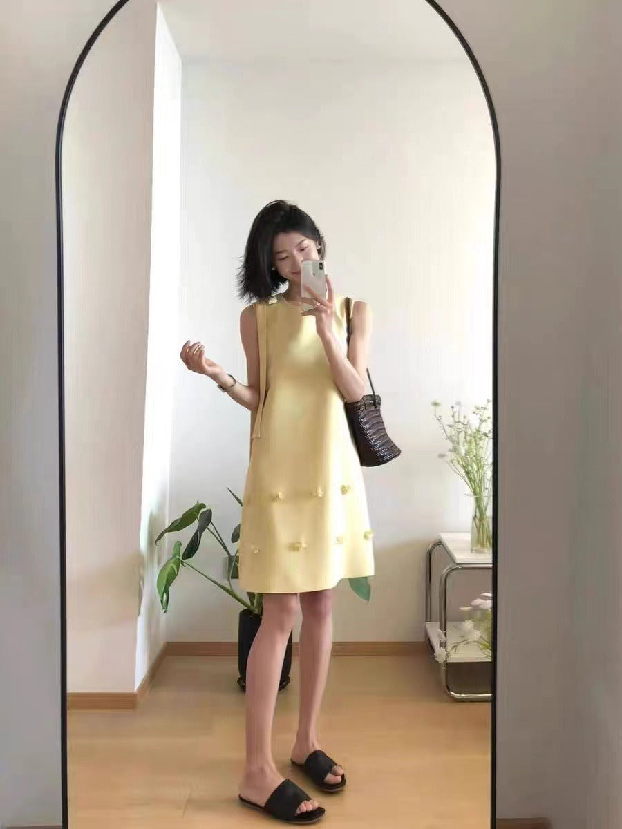 French style small fragrance A-line skirt floral heavy industry nail bead round neck ribbon dress sleeveless