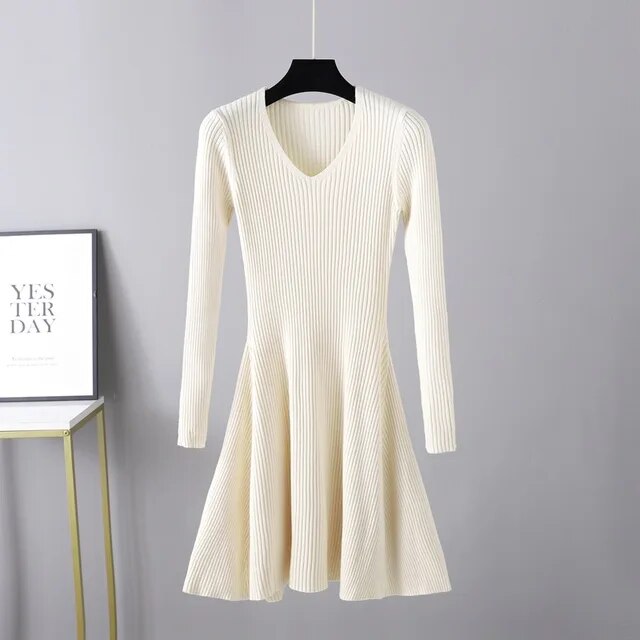 Long Sleeved High Waisted Short Knitted Dress Women Solid High Collar Sweater A-line Dresses Autumn Chic Female Street