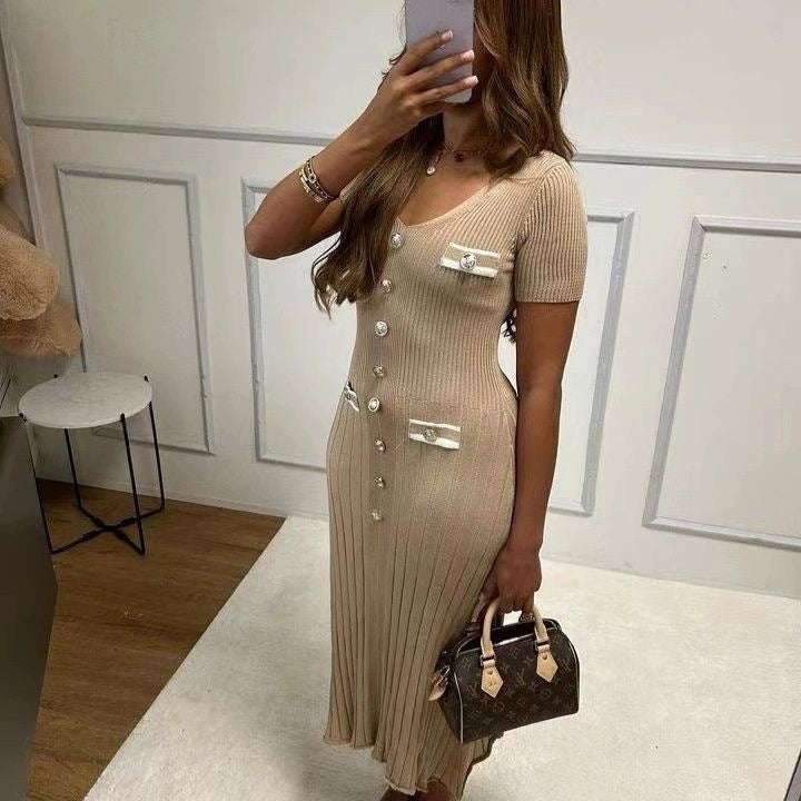 European and American sexy slim fit dress short sleeved V-neck slit dress