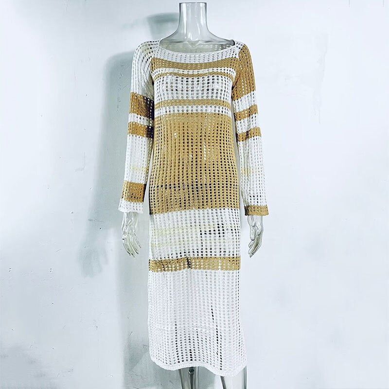 GACVGA Striped Knitted Sexy Long Dress Full Sleeve Hollow Out Casual Women Beach Party Maxi Dress