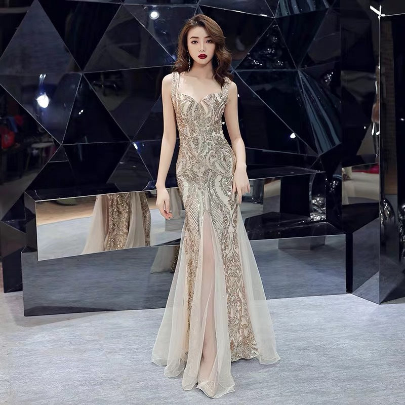 Toast Dress Red Bridal Fishtail Long Dress Sequin Sling Evening Dress Banquet