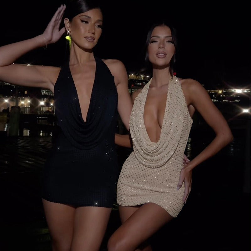 European and American style sexy halter neck low-cut backless slim hip-wrapped dress