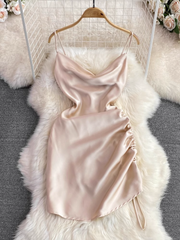 V-neck pleated suspender skirt irregular a-line dress