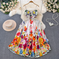 Colorful floral suspender seaside vacation dress