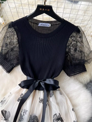 Retro Elegantes Kleid Damen Gestrickt Spleißen Stickerei Schmetterling Mesh Flauschig Fee Langes Kleid