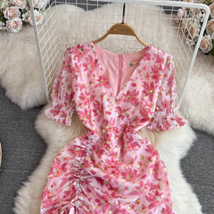 Retro V-neck drawstring print dress