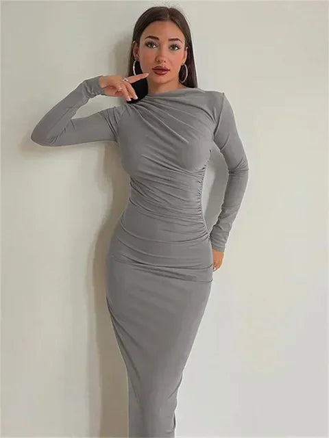 Tossy Pleated Autumn Dress Patchwork Elegant Women Long Sleeve Solid Vestidos Slim High Waist Bodycon Maxi Dress