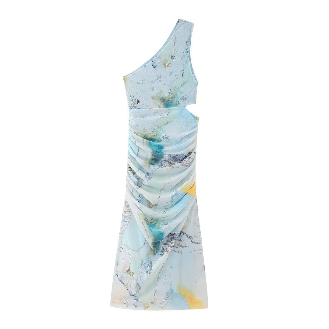 Print Tulle Dress Female Beach Resort Style Asymmetrical Collar Waist Hollow Out Design Perspective Dress