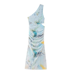 Print Tulle Dress Female Beach Resort Style Asymmetrical Collar Waist Hollow Out Design Perspective Dress