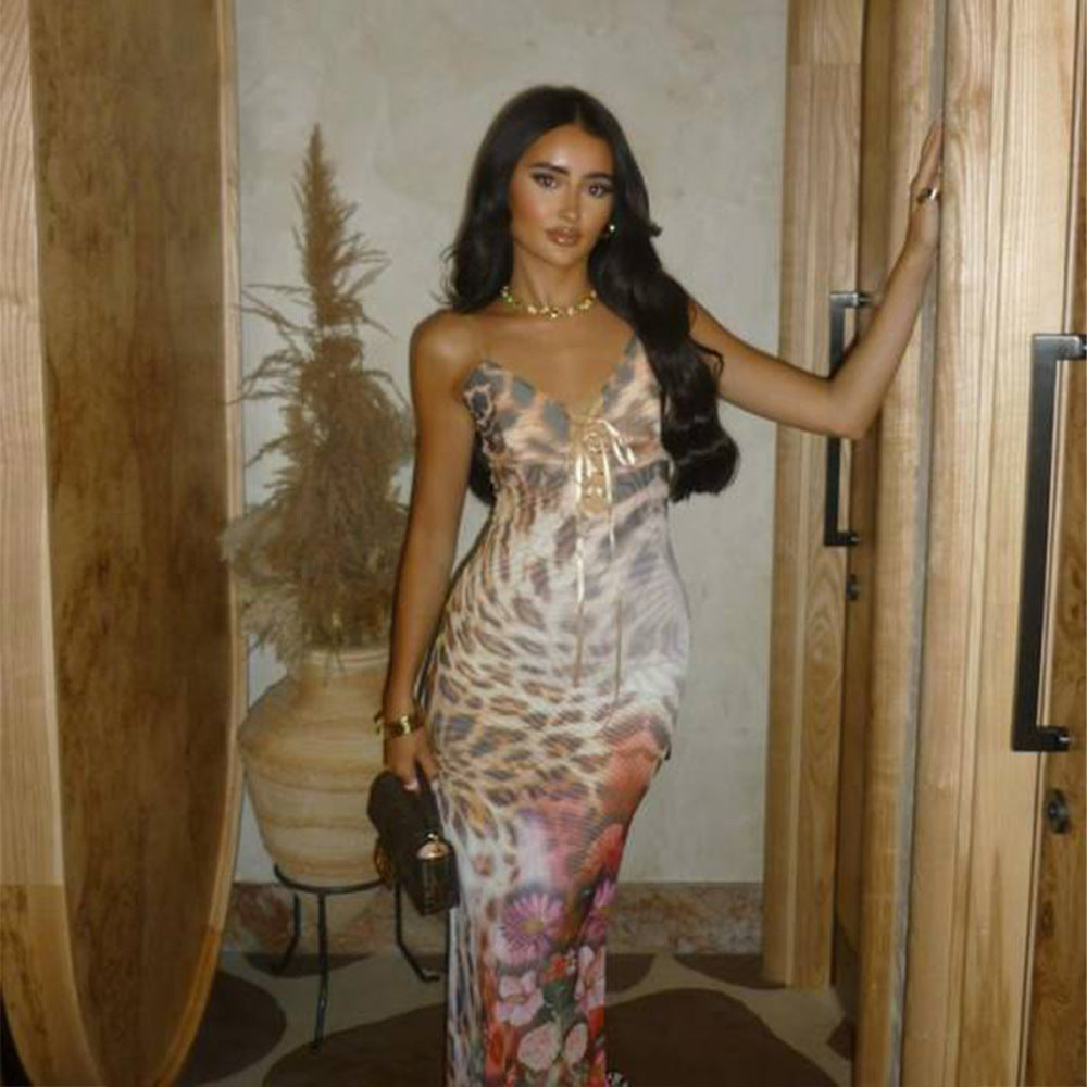 beach style dress with printed suspender, slim fit, sexy and dress