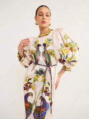 Elegant Birds Flower Printed Belts Dress Women Long Lantern Sleeve O-neck Colorful Holiday Vestidos
