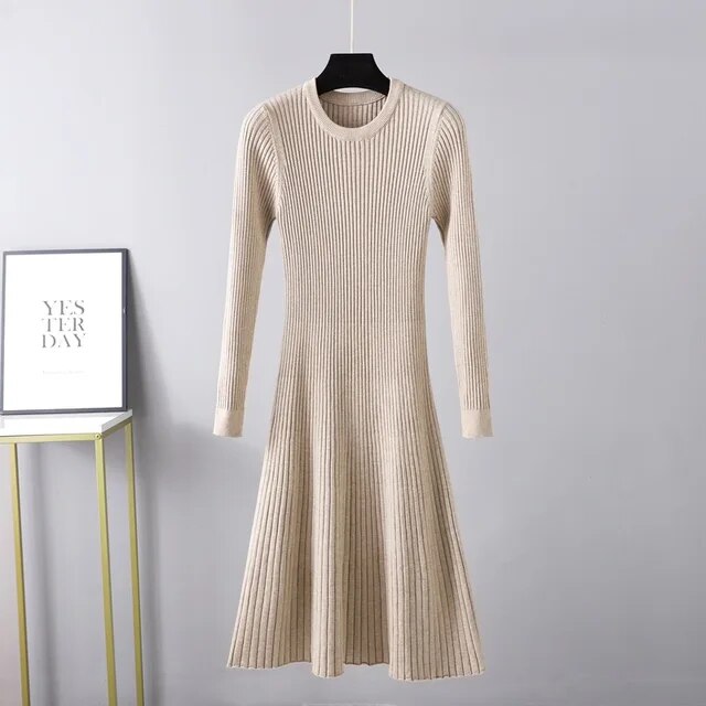 Long Sleeved High Waisted Short Knitted Dress Women Solid High Collar Sweater A-line Dresses Autumn Chic Female Street