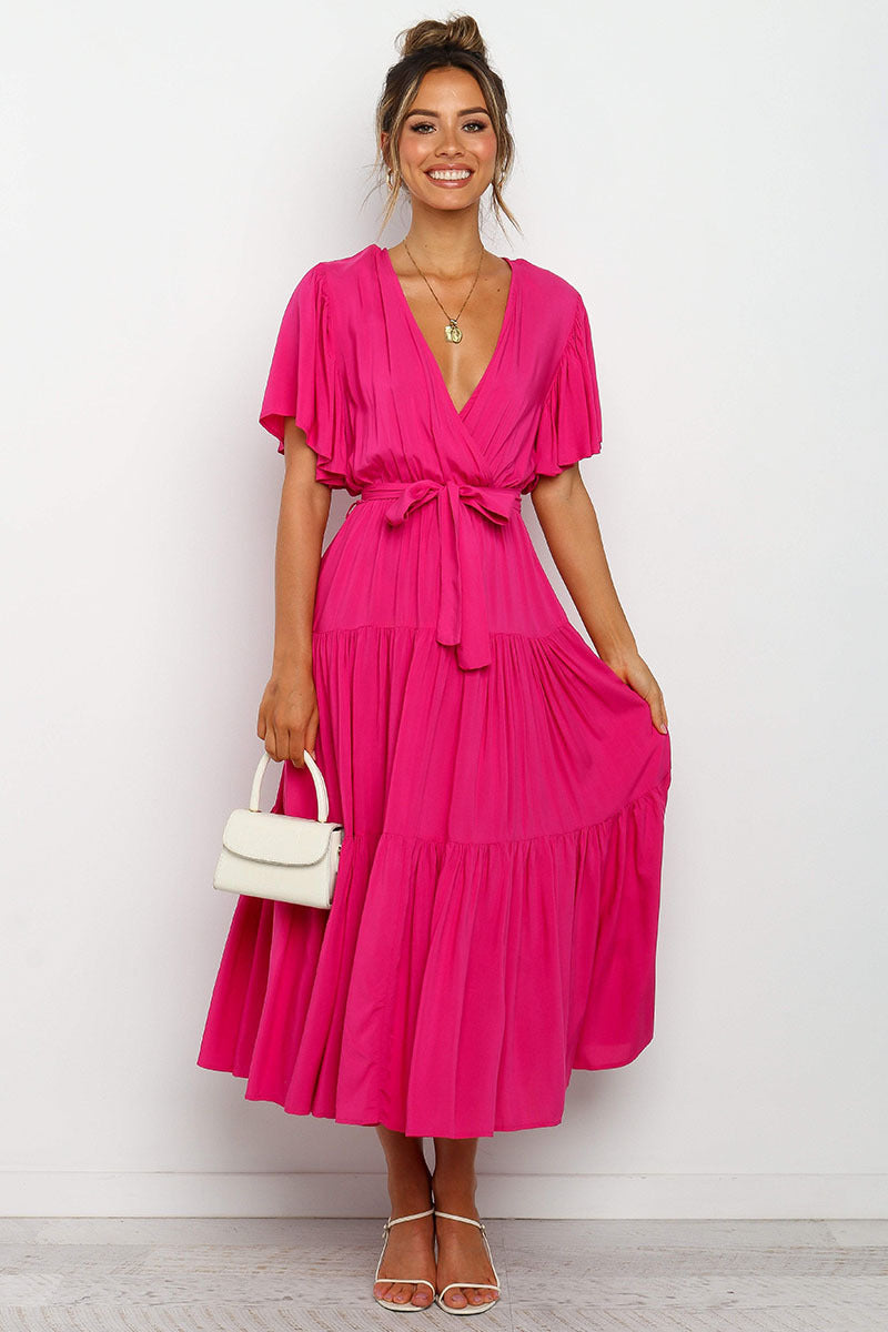 Solid Color Short-Sleeved Long Skirt Dress Dress V-Neck Lace-Up Dress