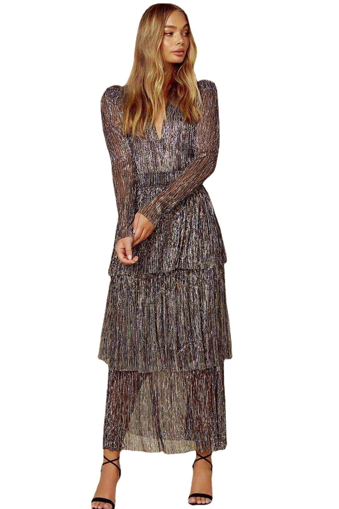 long skirt, elegant commuting black printed high waist long skirt dress