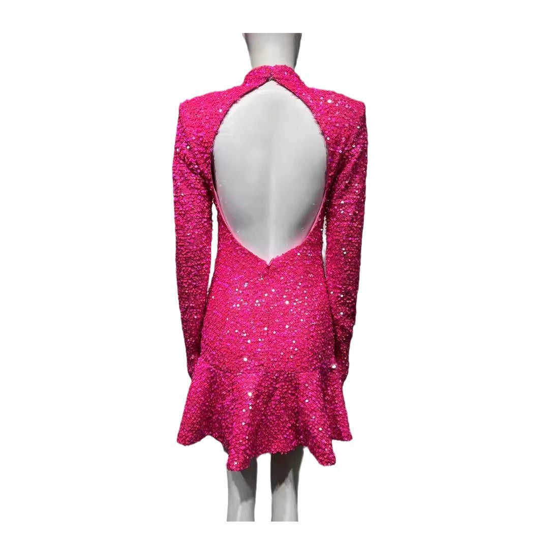 sleeveless sexy backless rose red sequin dress sweet party dinner dress