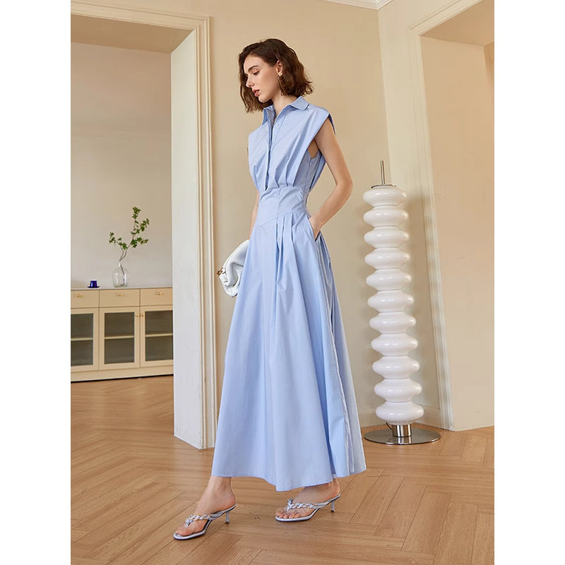 Blue polo collar sleeveless shirt dress right-angle shoulder waist long skirt