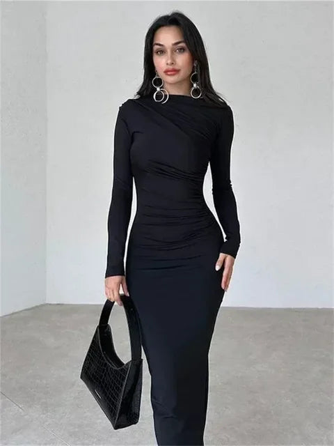 Tossy Pleated Autumn Dress Patchwork Elegant Women Long Sleeve Solid Vestidos Slim High Waist Bodycon Maxi Dress
