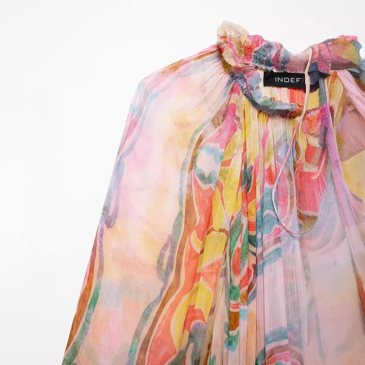 European and American Half High Collar Long Sleeve Printed Waist Loose Dress