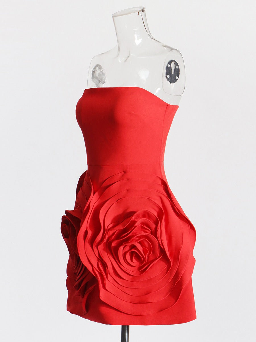 Lady style tube top A-line dress party dress three-dimensional rose large flower patchwork dress