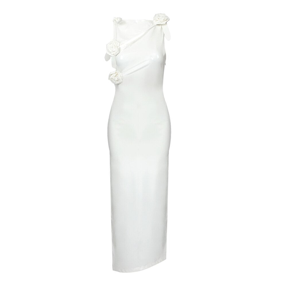 Chic And Elegant Stereo Flowers Sleeveless Synthetic Leather Party Evening Dress Vestidos