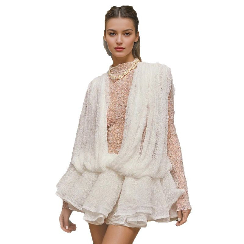 French lady style long sleeve short dress transparent mesh sexy ruffle short skirt