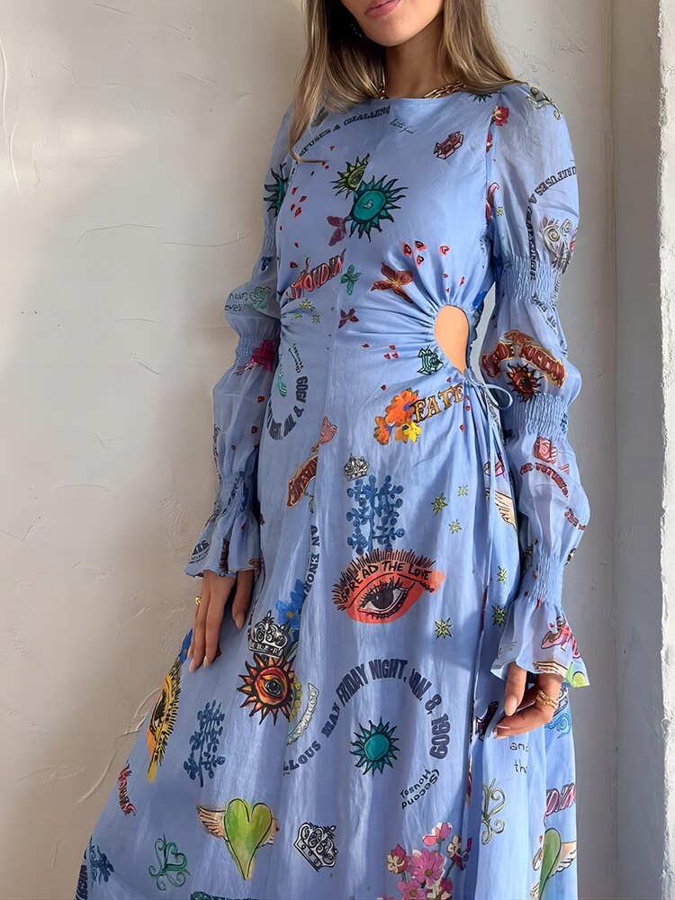 Spring Women Hollow Out Party Dress Printing Loungewear O-Neck Long Lantern Sleeve Loose Ladies Maxi Dress Streetwear
