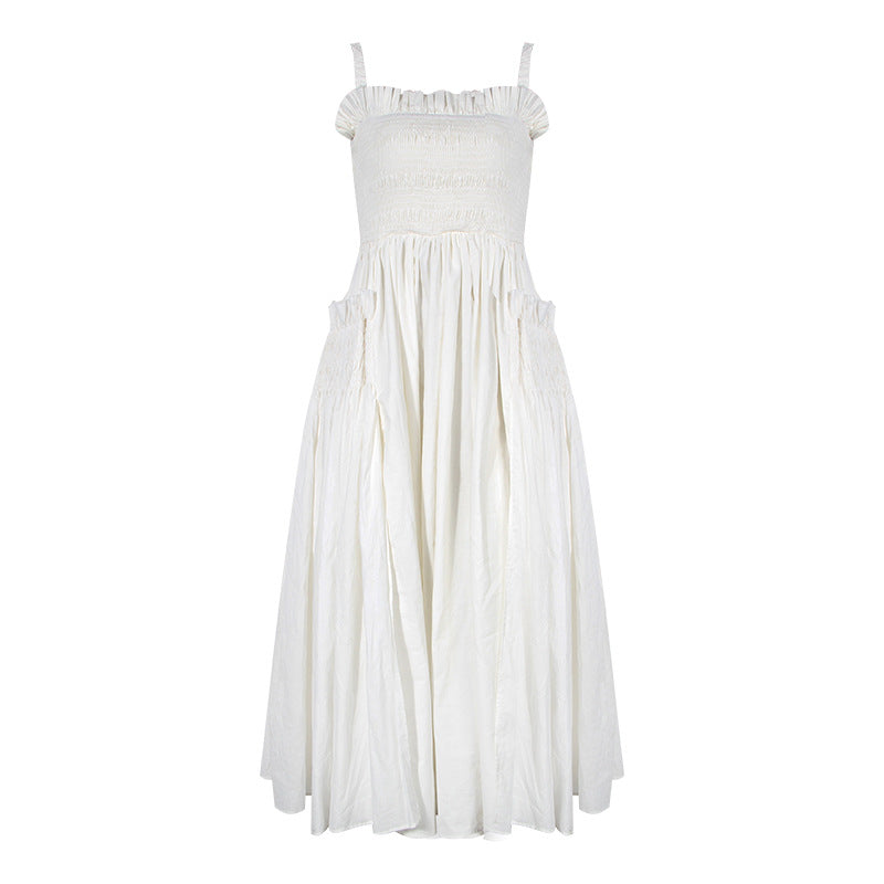 French retro white camisole backless pleated skirt with cinched waist and long style slimming dress