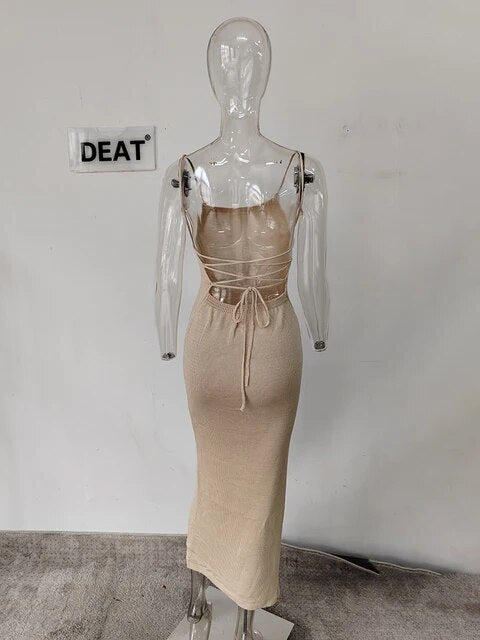 Women Knitted Dress Slash Neck Sleevesless Lace-up Backless Split Slim Ankle-length Dresses