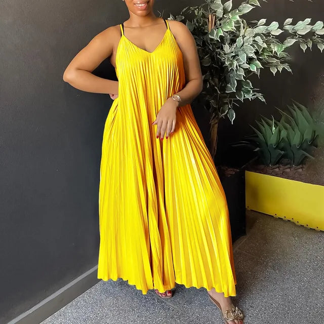 Sexy Spaghetti Strap Dresses Pleated V Neck Sleeveless Loose Straight Ankle Length Elegant Evening Night Party Dress